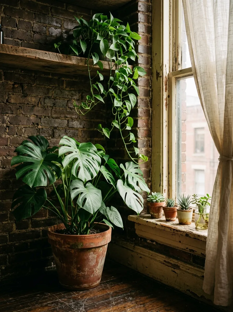 19 Grunge Apartment Ideas That Follow Quiet Design Rules for a Cool, Moody, and Authentic Space 7 Large monstera and trailing pothos plants against exposed brick wall in a grunge apartment with aged terracotta pots