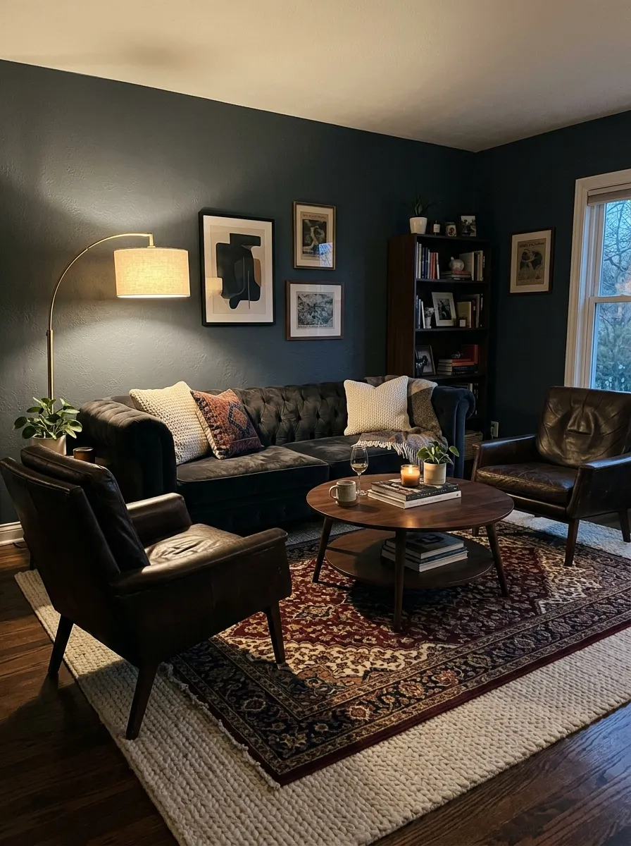 23 Moody Living Room Ideas Using Contrast, Warm Lighting, and Layered Texture for a Cozy Atmosphere 20 Velvet sofa and angled armchairs in intimate layout in a dark living room with deep slate walls
