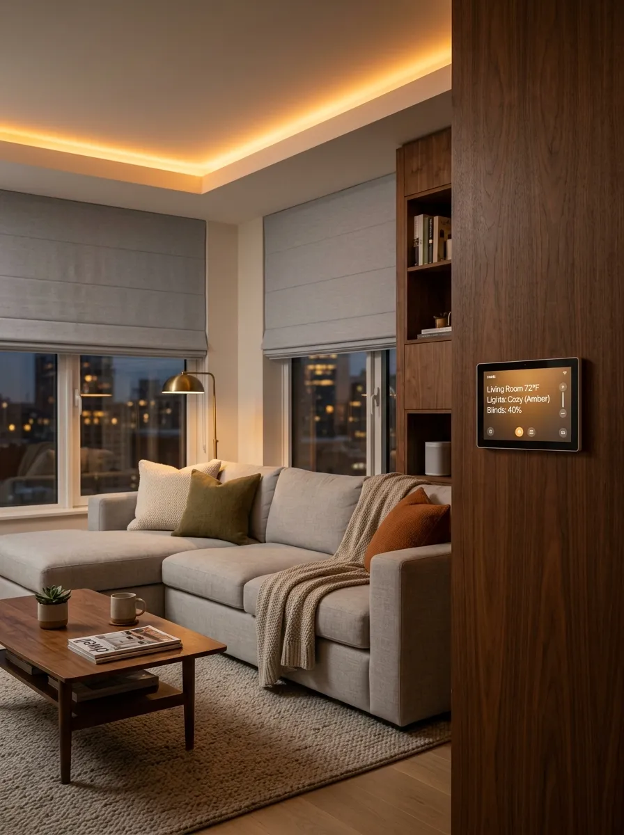 A warm smart home living room with a flush mounted walnut control panel, warm amber LED perimeter lighting, and motorized smart blinds