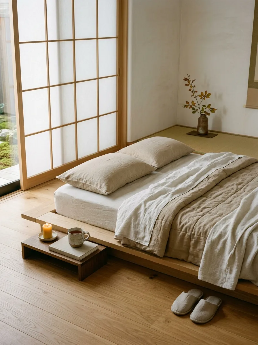 A serene Japandi bedroom with a low linen platform bed, shoji sliding panels, pale oak floors, and a ceramic bedside shelf