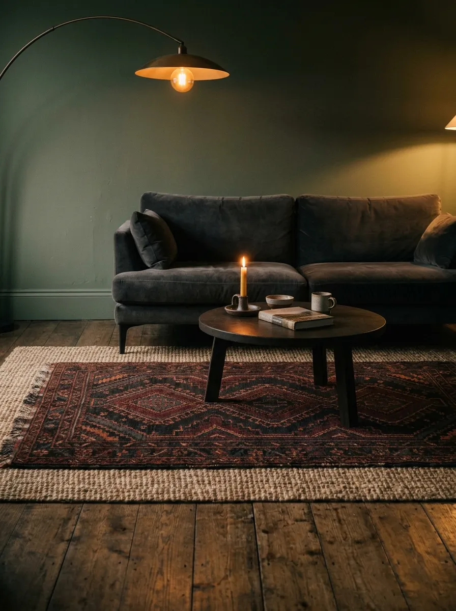 23 Moody Living Room Ideas Using Contrast, Warm Lighting, and Layered Texture for a Cozy Atmosphere 4 Layered jute and burgundy geometric rug in a cozy living room atmosphere with dark sage walls