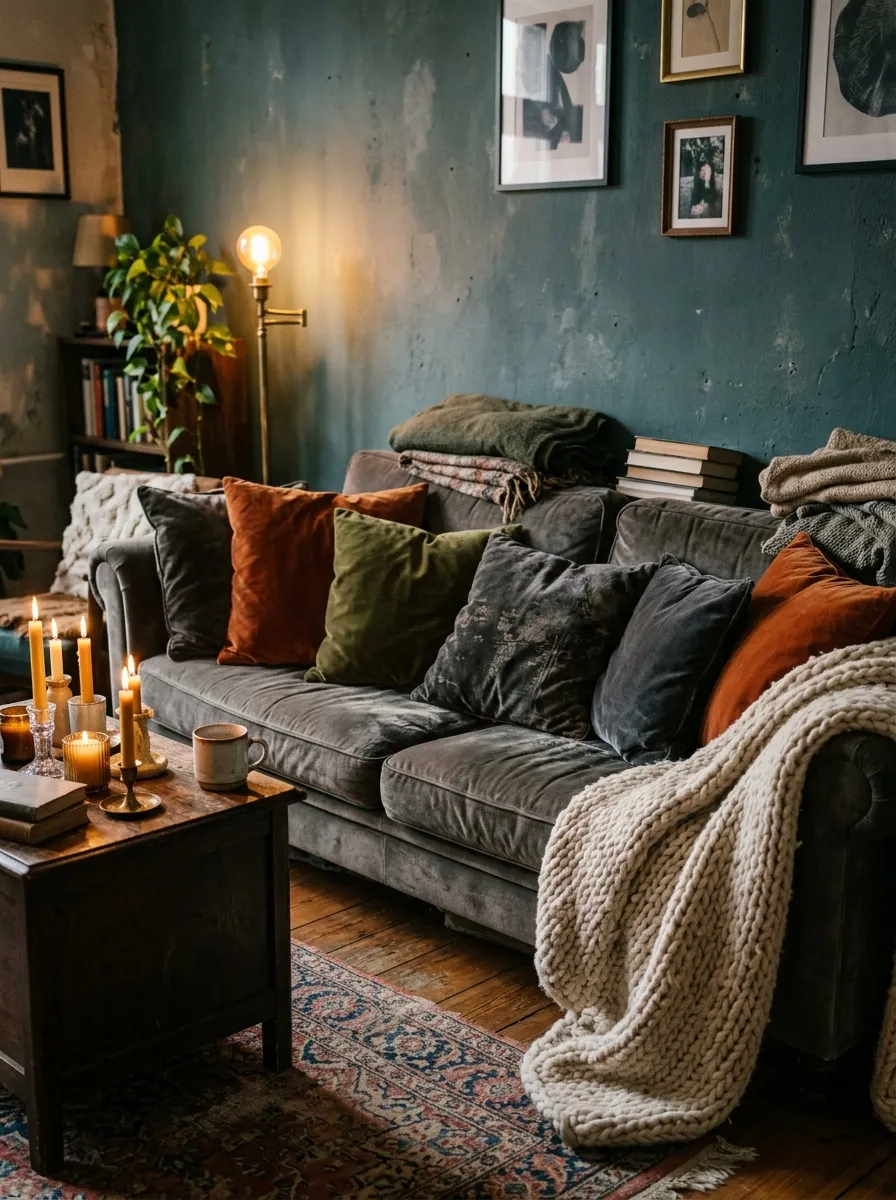 19 Grunge Apartment Ideas That Follow Quiet Design Rules for a Cool, Moody, and Authentic Space 6 Mismatched rust and olive throw cushions with chunky knit blanket layered on a worn sofa in a grunge apartment
