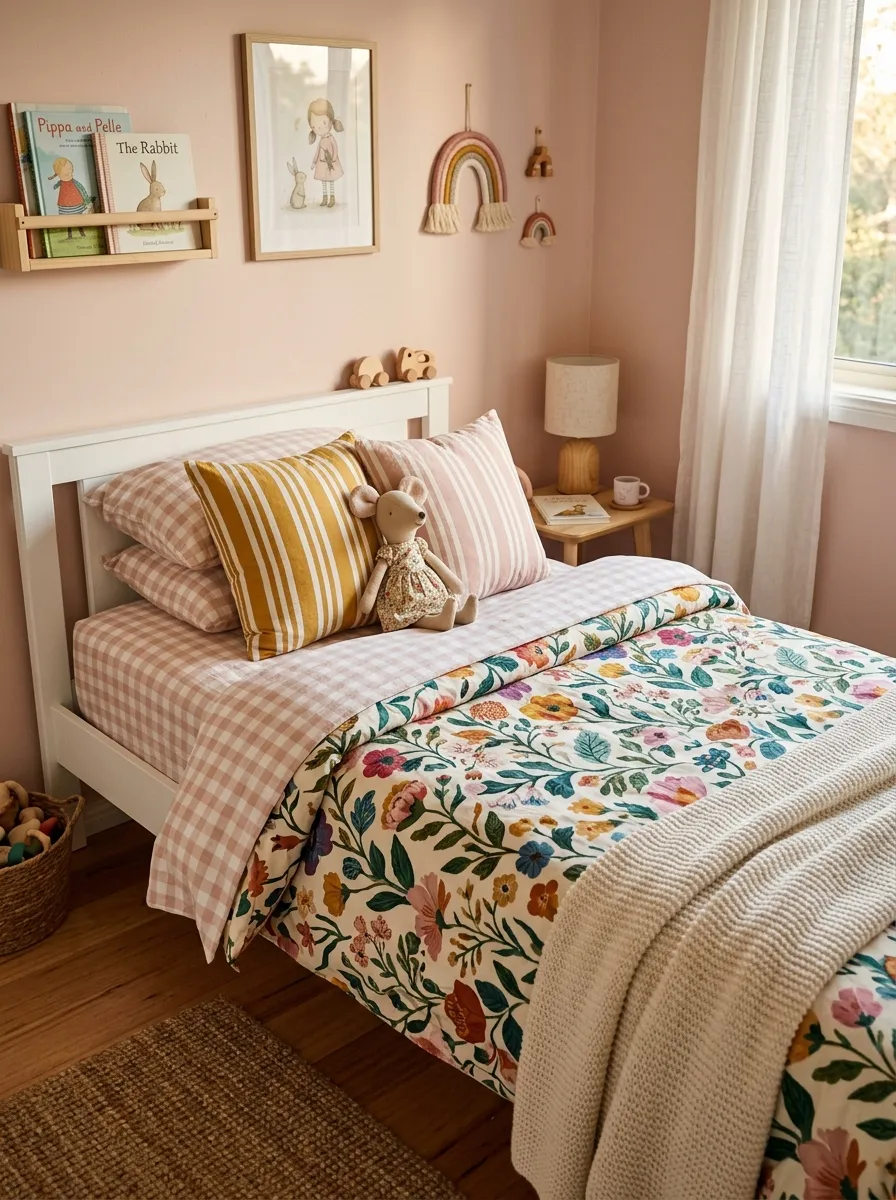 A toddler bed layered with a floral duvet, gingham sheet, and stripe pillows in a cozy girl toddler bedroom ideas setup with warm personal styling