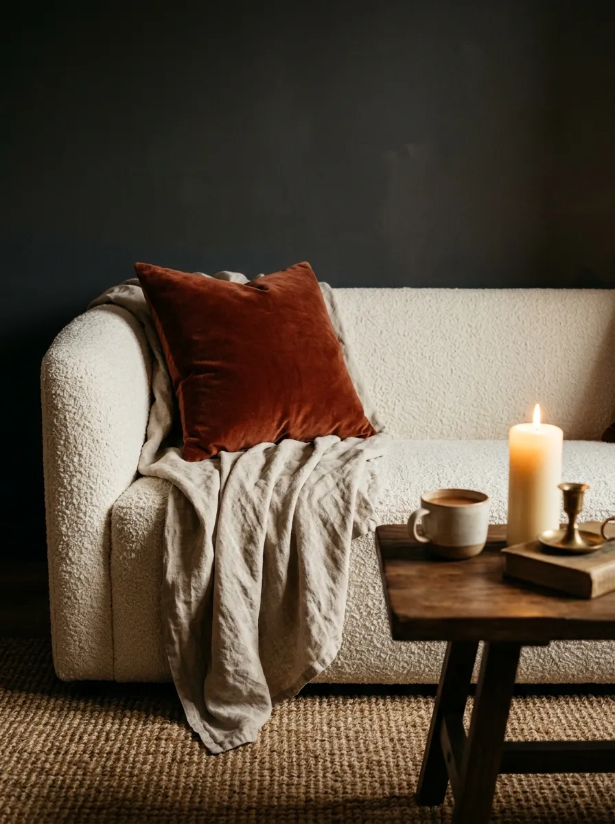 23 Moody Living Room Ideas Using Contrast, Warm Lighting, and Layered Texture for a Cozy Atmosphere 13 Layered boucle cushion, linen throw, and velvet pillow on a sofa in a cozy living room atmosphere