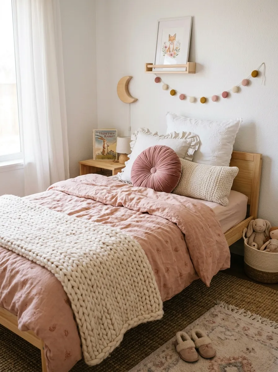 A toddler bed layered with a blush linen duvet, velvet round pillow, ruffle pillow, and chunky knit blanket in a cozy toddler bedroom decor setup