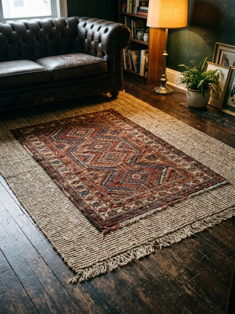 19 Grunge Apartment Ideas That Follow Quiet Design Rules for a Cool, Moody, and Authentic Space 9 Two layered vintage rugs in a grunge apartment with a bold kilim over a neutral jute base rug on dark hardwood