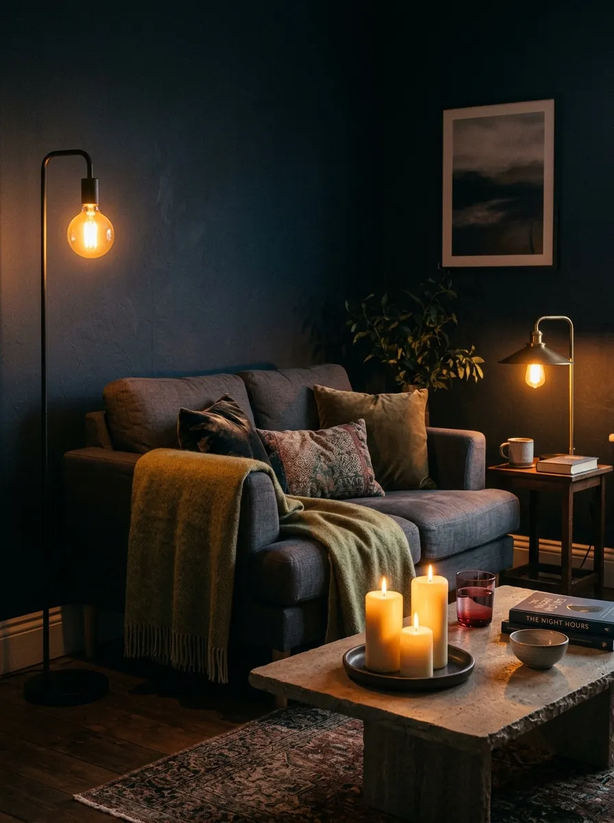 23 Moody Living Room Ideas Using Contrast, Warm Lighting, and Layered Texture for a Cozy Atmosphere 3 Three layered warm amber light sources in a moody living room with navy walls and pillar candles