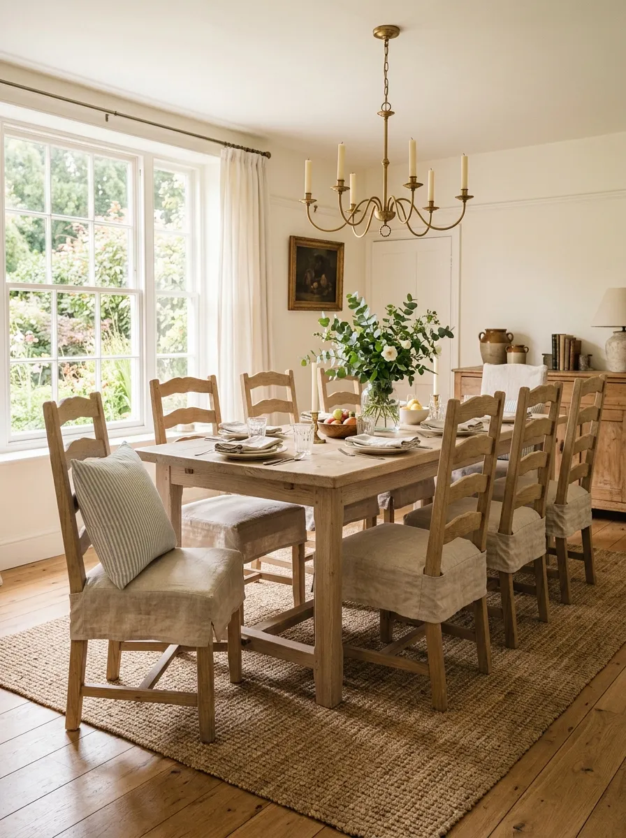 Natural linen slipcovered dining chairs around bleached oak table in a cozy cinematic Nancy Meyers dining room style