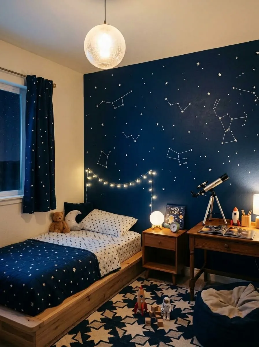 19 Toddler Boy Bedroom Ideas Designers Use to Create Fun Themes Without Making the Room Feel Too Childish 11 Little boy bedroom ideas with deep navy constellation wall, platform bed, globe light, and small telescope on desk