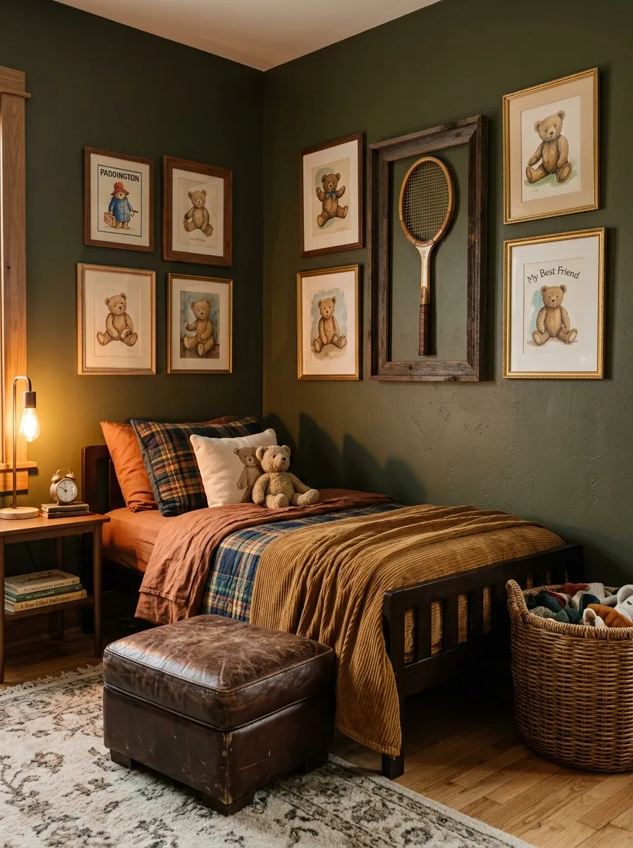 19 Toddler Boy Bedroom Ideas Designers Use to Create Fun Themes Without Making the Room Feel Too Childish 4 Little boy bedroom with dark olive walls, vintage teddy bear gallery wall, plaid corduroy bedding, and leather ottoman