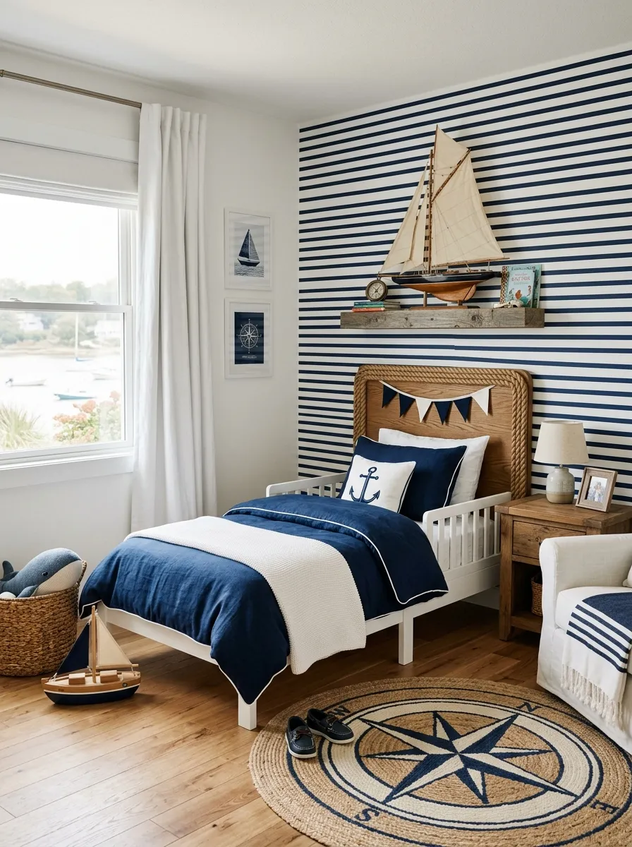 19 Toddler Boy Bedroom Ideas Designers Use to Create Fun Themes Without Making the Room Feel Too Childish 15 Little boy bedroom nautical theme with navy white striped wall, sailboat model, compass rug, and rope headboard detail