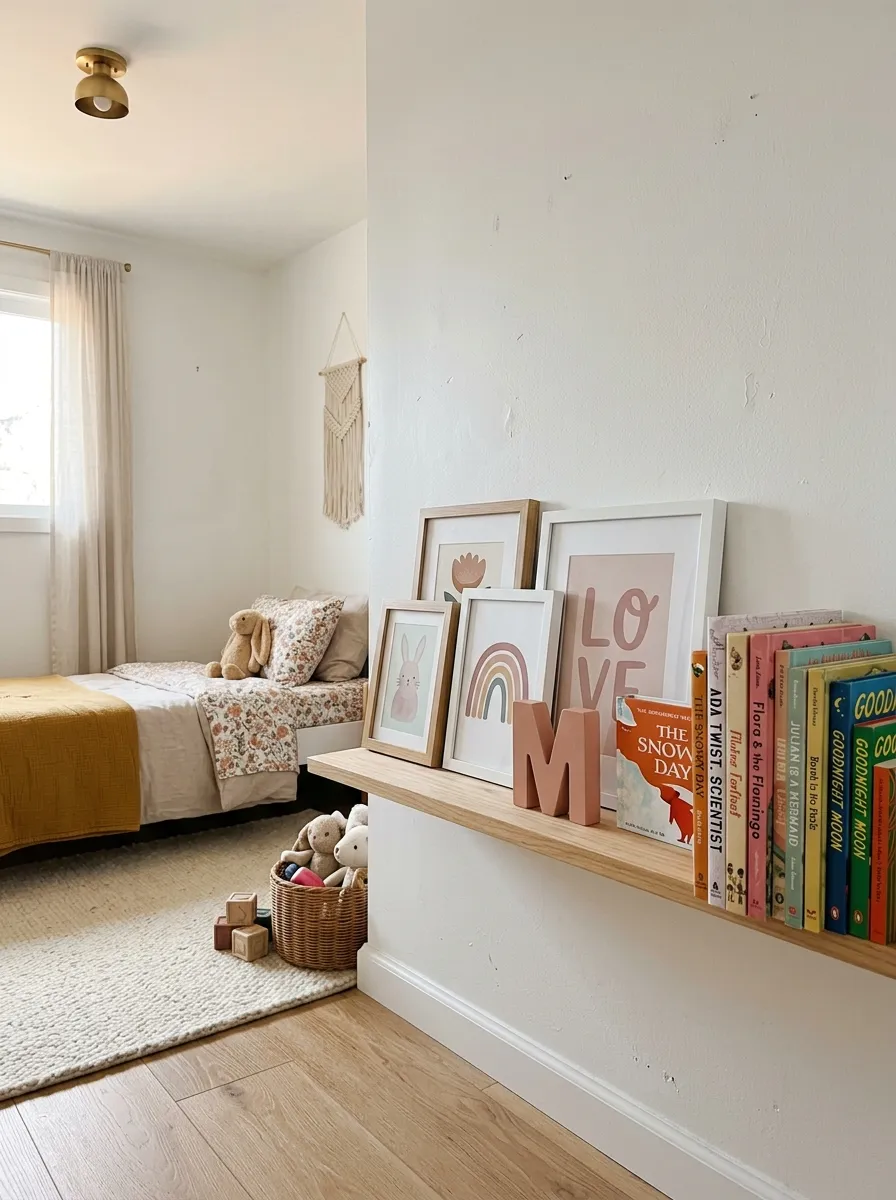 A low art display shelf with framed prints, a sculptural letter, and forward facing picture books in a personal and curated toddler girl bedroom