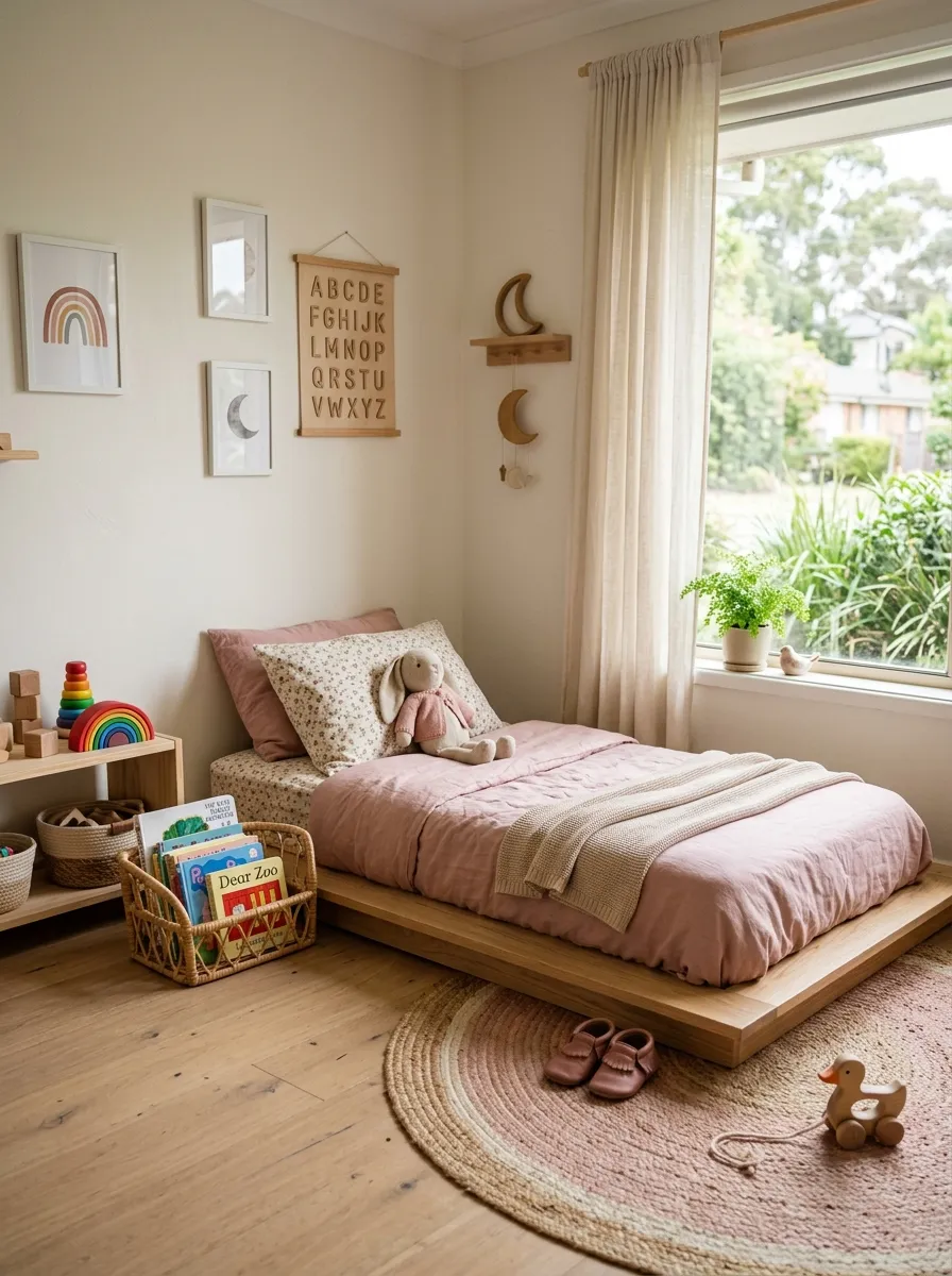 A low wooden platform floor bed with pink bedding and a book basket beside it in a calm, Montessori inspired toddler bedroom decor setting
