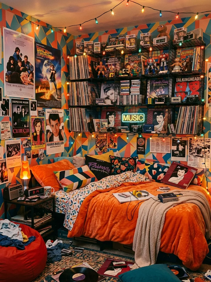 17 80s Bedroom Ideas That Balance Bold Nostalgia, Playful Color, and Modern Design Without Chaos 5 Maximalist retro bedroom packed with vinyl records, teal and coral wallpaper, string lights, and saturated orange bedding in an eighties style