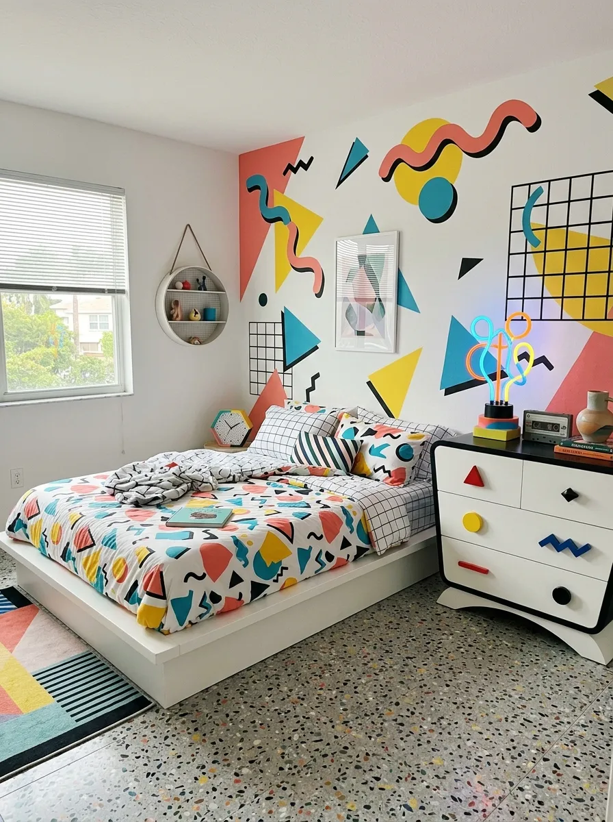 17 80s Bedroom Ideas That Balance Bold Nostalgia, Playful Color, and Modern Design Without Chaos 16 Memphis design 80s Bedroom with coral yellow and teal geometric accent wall, white platform bed, and terrazzo floor in a bold postmodern room