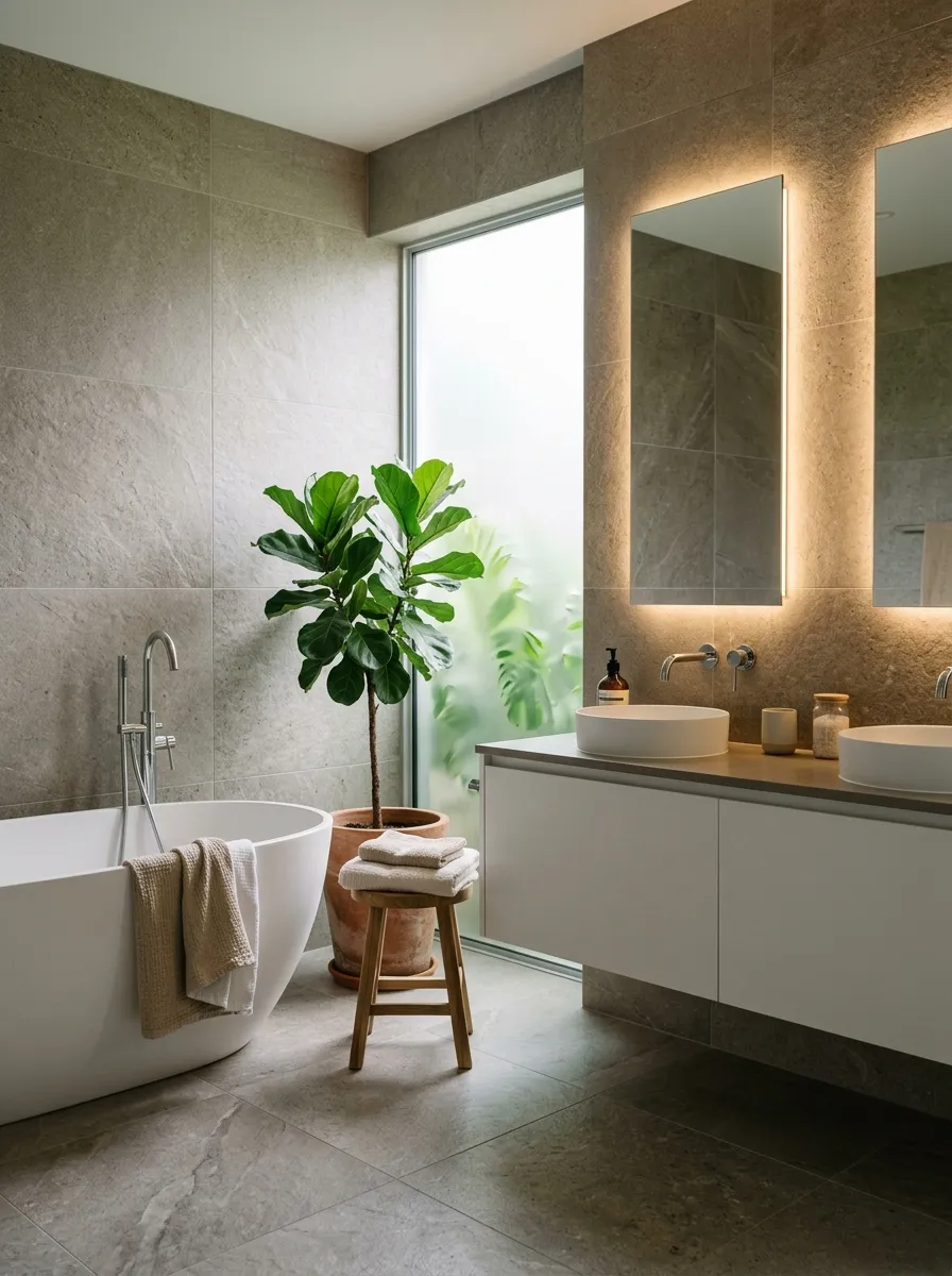 A minimalist spa bathroom with large gray stone tiles, freestanding soaking tub, floating white vanity, and soft backlit mirror panels