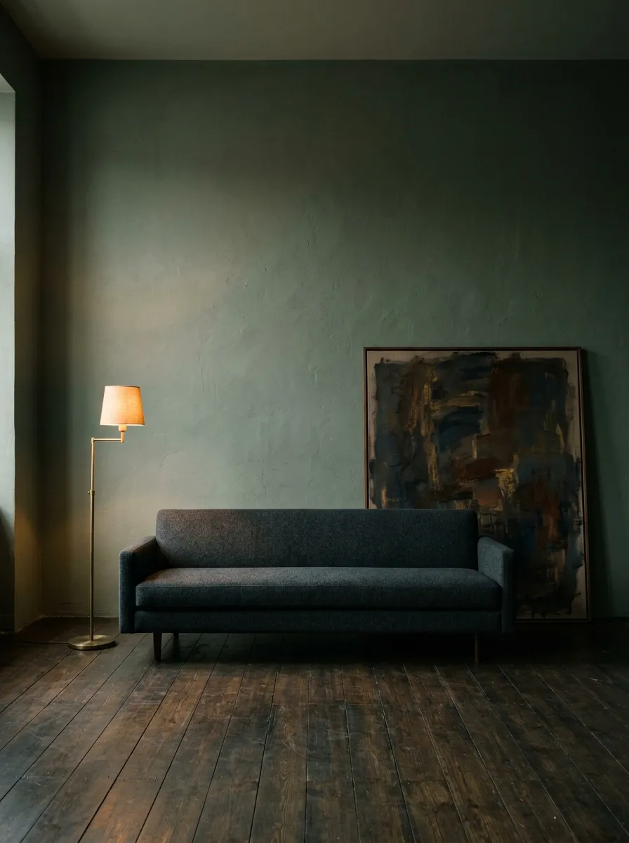 23 Moody Living Room Ideas Using Contrast, Warm Lighting, and Layered Texture for a Cozy Atmosphere 22 Single dark abstract artwork and brass lamp in a minimalist moody living room with sage green walls