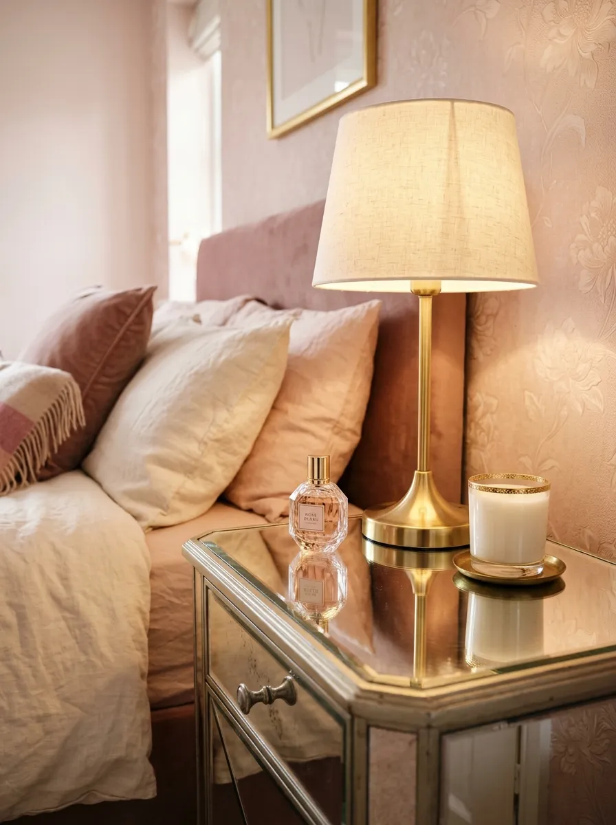 21 Glam Room Ideas That Perfectly Balance Drama, Comfort, Beauty, and Everyday Function 4 Mirrored bedside table with gold lamp and crystal accessories in a blush glam room reflecting soft ambient bedroom light