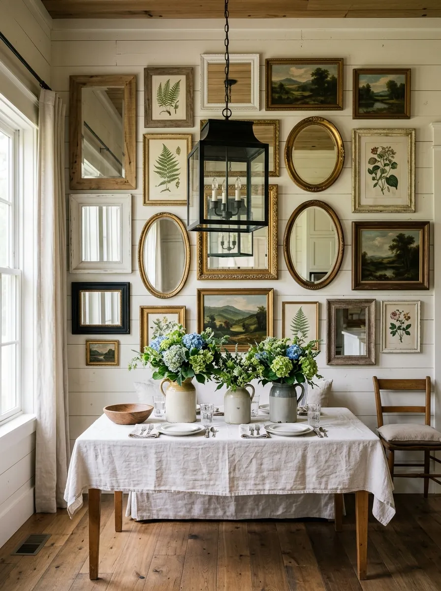 Shiplap dining room wall with mismatched mirrors and botanical prints gallery in a Nancy Meyers home decor style