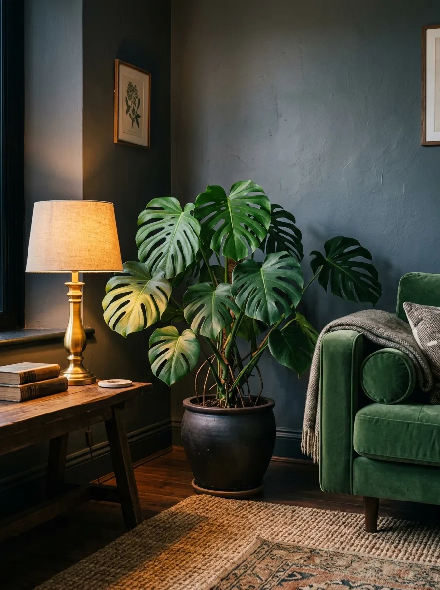 23 Moody Living Room Ideas Using Contrast, Warm Lighting, and Layered Texture for a Cozy Atmosphere 10 Large monstera in dark ceramic pot in a moody living room corner with slate gray walls and warm brass lamp