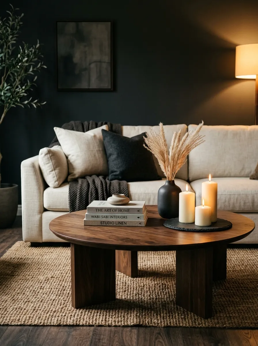 23 Moody Living Room Ideas Using Contrast, Warm Lighting, and Layered Texture for a Cozy Atmosphere 14 Dark walnut coffee table styled with pillar candles, art books, and ceramic vase in moody living room