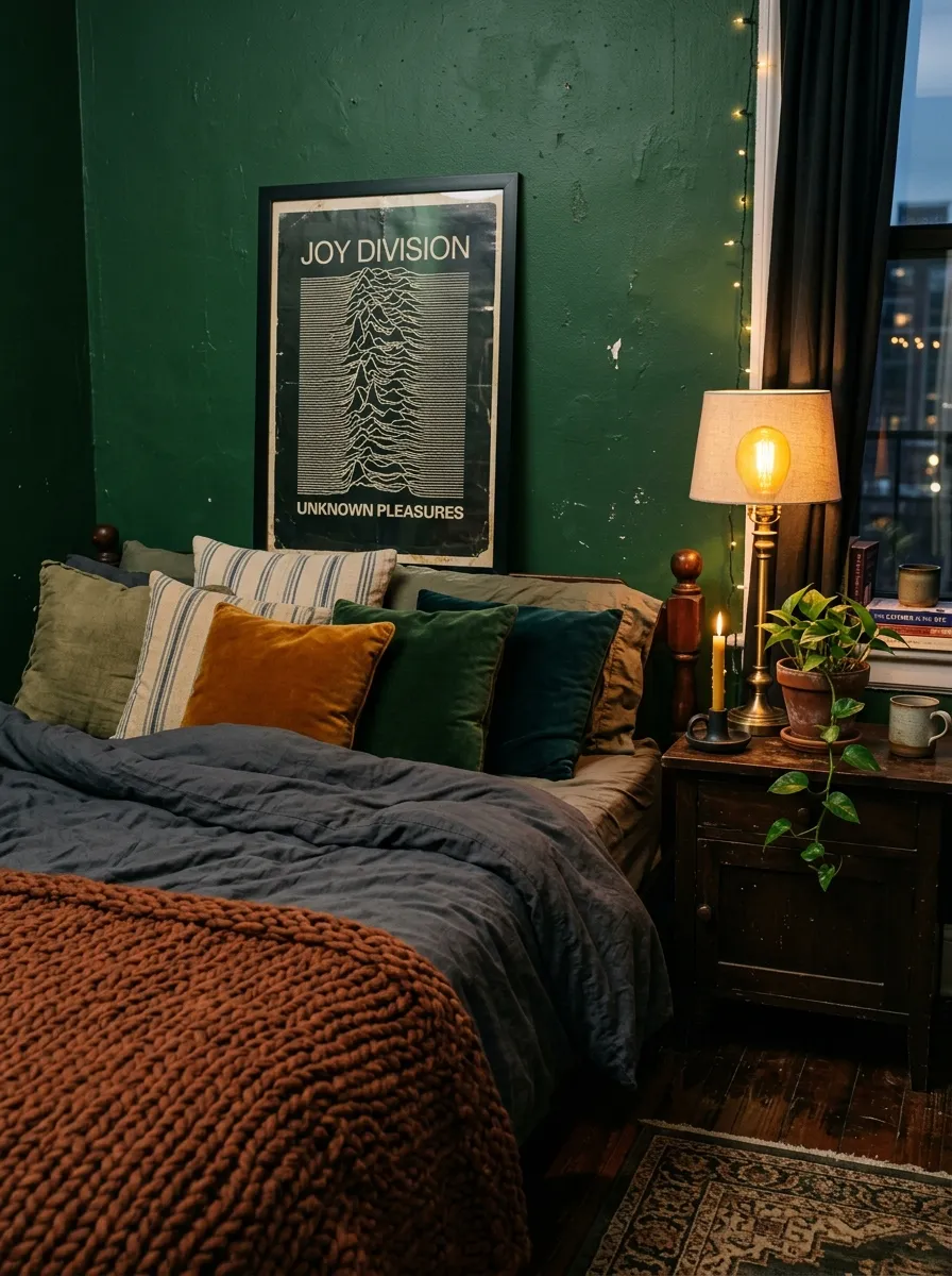 19 Grunge Apartment Ideas That Follow Quiet Design Rules for a Cool, Moody, and Authentic Space 14 Dark forest green grunge apartment bedroom with layered textiles, chunky knit blanket, candle, and vintage poster