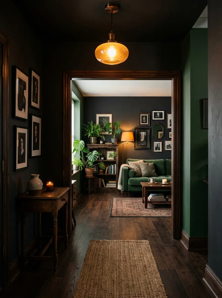 23 Moody Living Room Ideas Using Contrast, Warm Lighting, and Layered Texture for a Cozy Atmosphere 17 Dark entryway with warm pendant lamp flowing into a moody living room with consistent dark wood floors
