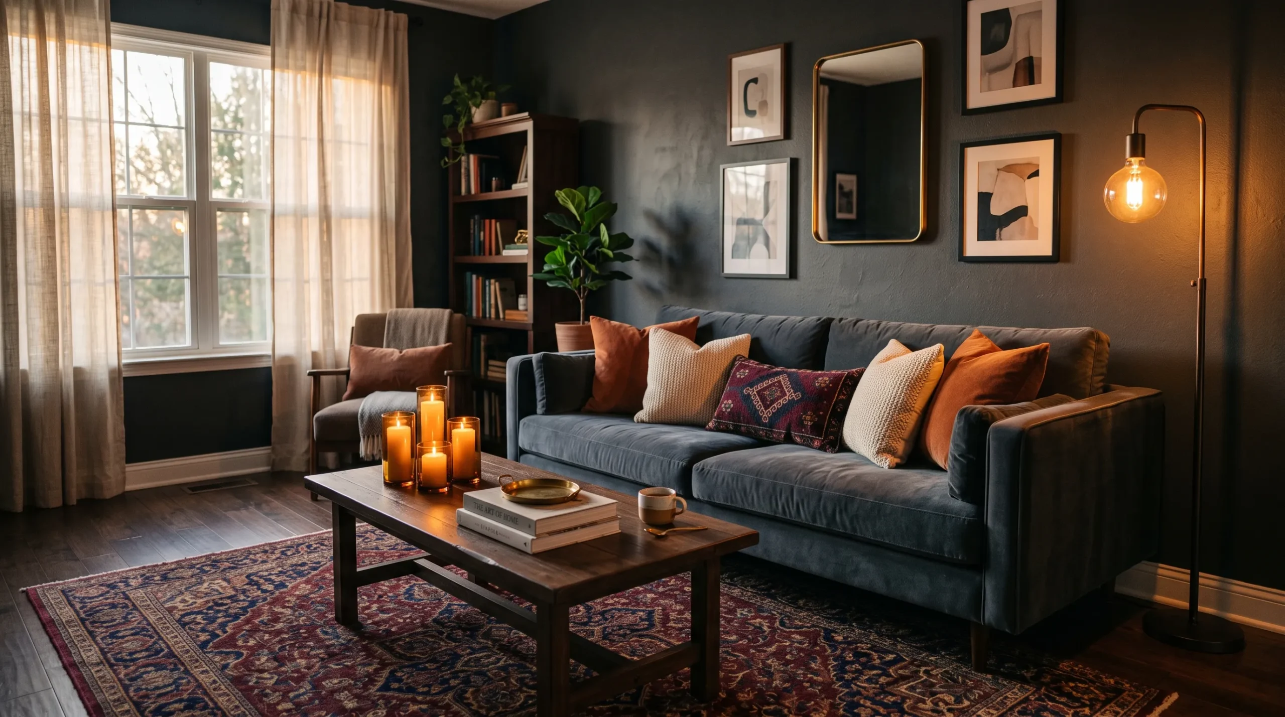 23 Moody Living Room Ideas Using Contrast, Warm Lighting, and Layered Texture for a Cozy Atmosphere 2 A charcoal moody living room with velvet sofa, amber candlelight, and layered Persian rug in deep burgundy tones