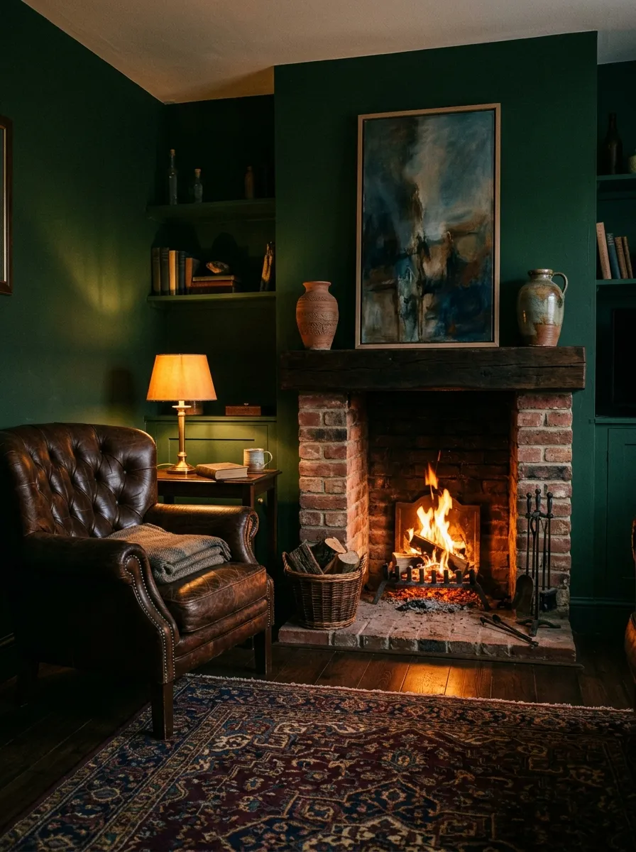 23 Moody Living Room Ideas Using Contrast, Warm Lighting, and Layered Texture for a Cozy Atmosphere 7 Brick fireplace styled with dark artwork and ceramic vases in a moody living room with leather chair