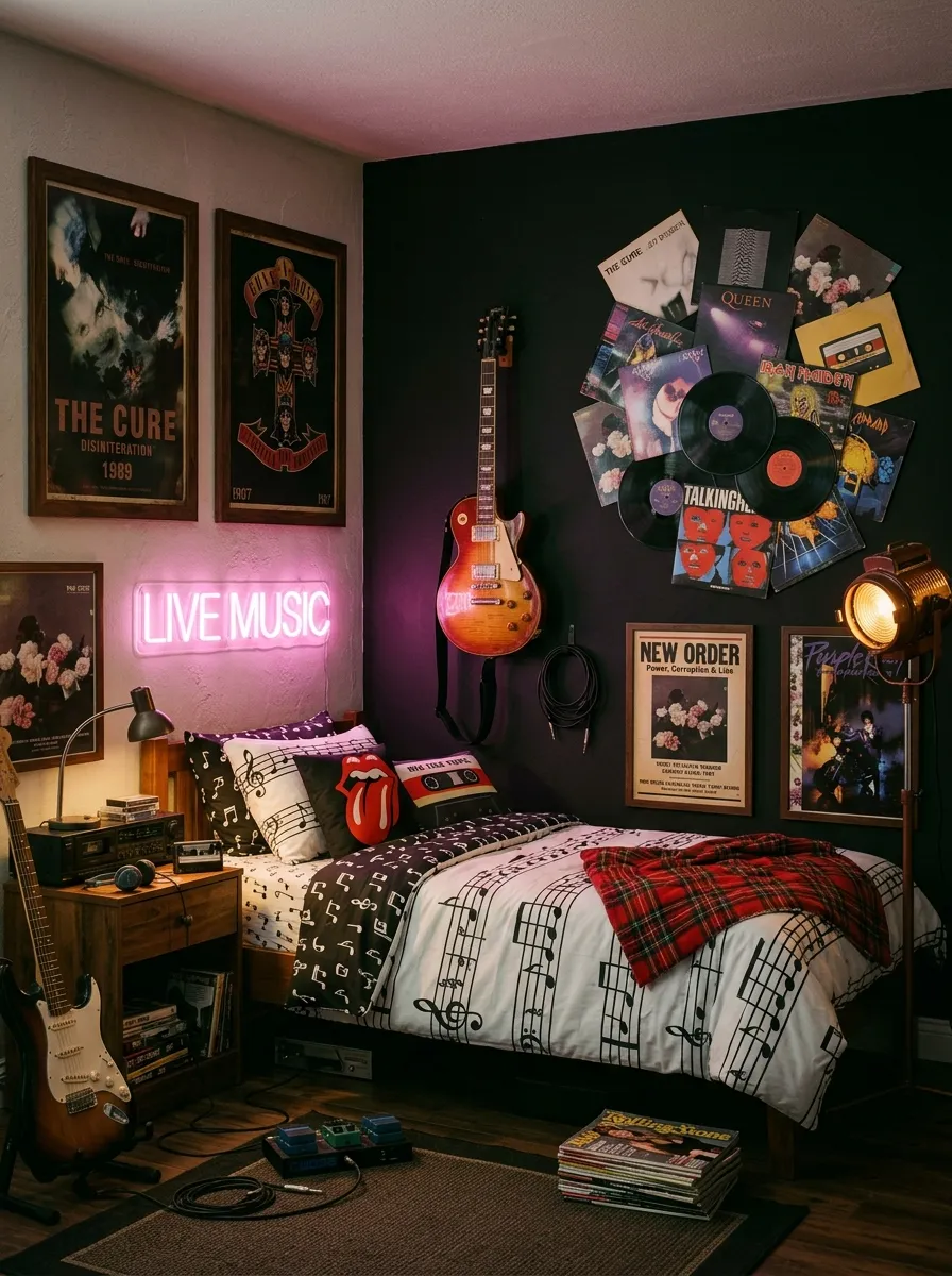 17 80s Bedroom Ideas That Balance Bold Nostalgia, Playful Color, and Modern Design Without Chaos 11 Guitar wall mount and vinyl sunburst 80s Bedroom with neon sign, concert posters, and warm amber stage style lighting in a music inspired room