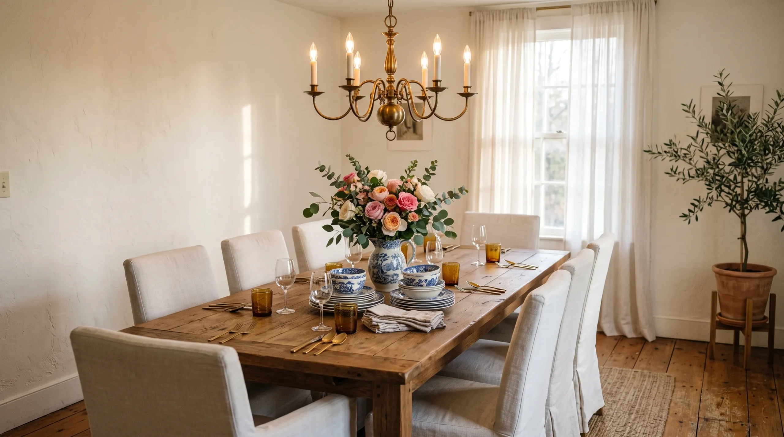 19 Nancy Meyers Dining Room Ideas That Get Comfort, Warmth, and Effortless Style Exactly Right 3 Warmly lit Nancy Meyers dining room with reclaimed wood table, brass chandelier, linen chairs, and blue and white china