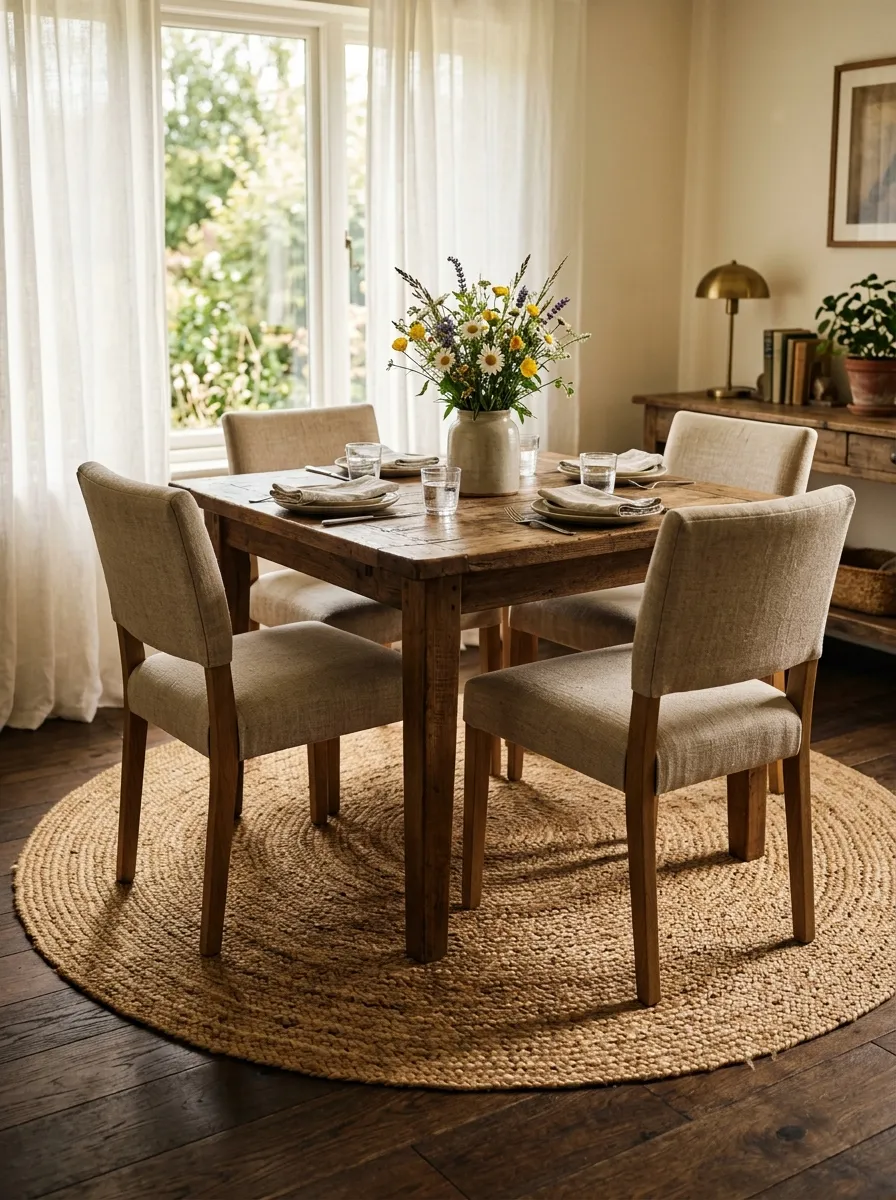 Natural jute rug under reclaimed wood dining table and linen chairs in a Nancy Meyers dining room home decor style