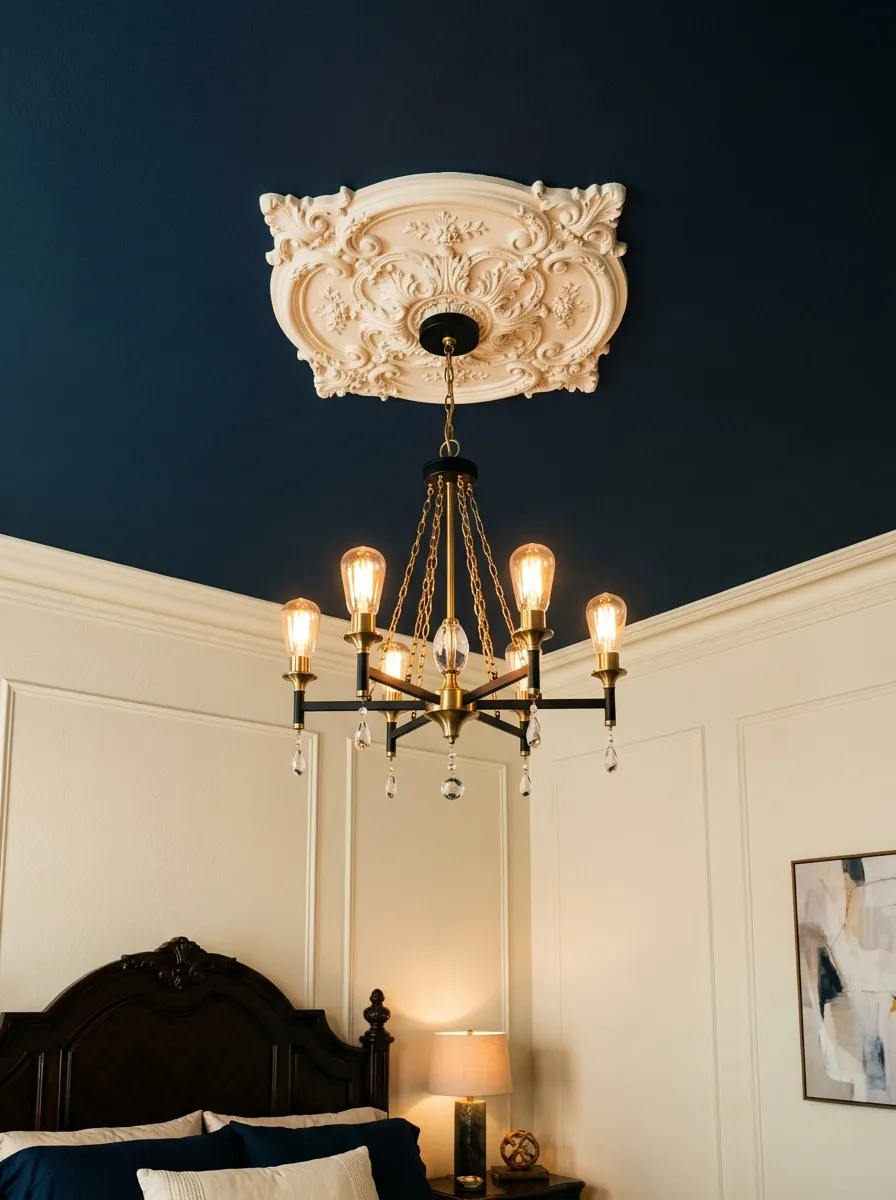 21 Glam Room Ideas That Perfectly Balance Drama, Comfort, Beauty, and Everyday Function 21 Deep navy statement ceiling with ornate medallion and brass chandelier above ivory bedroom walls in a bold glam room design