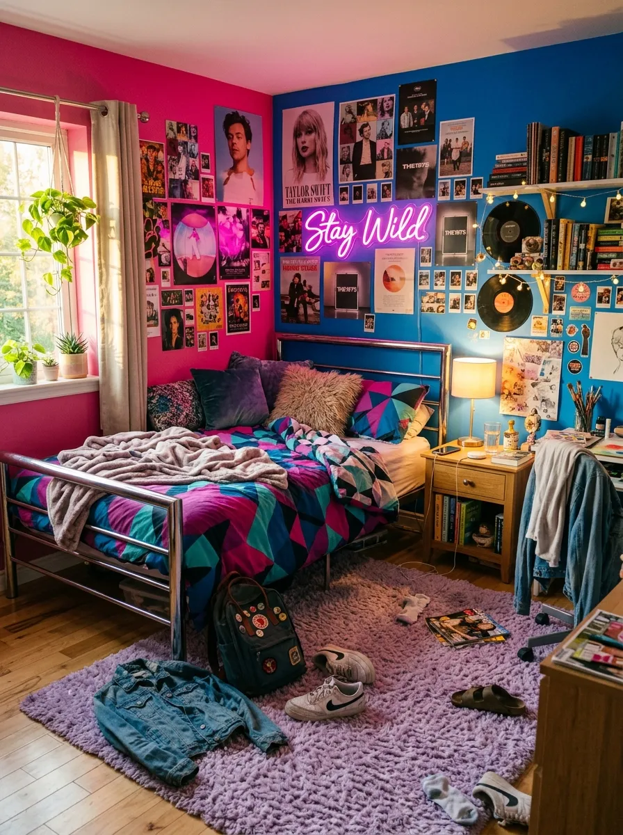 17 80s Bedroom Ideas That Balance Bold Nostalgia, Playful Color, and Modern Design Without Chaos 1 Hot pink and chrome 80s Bedroom with neon sign, geometric bedding, and lavender shag rug in an electric blue room