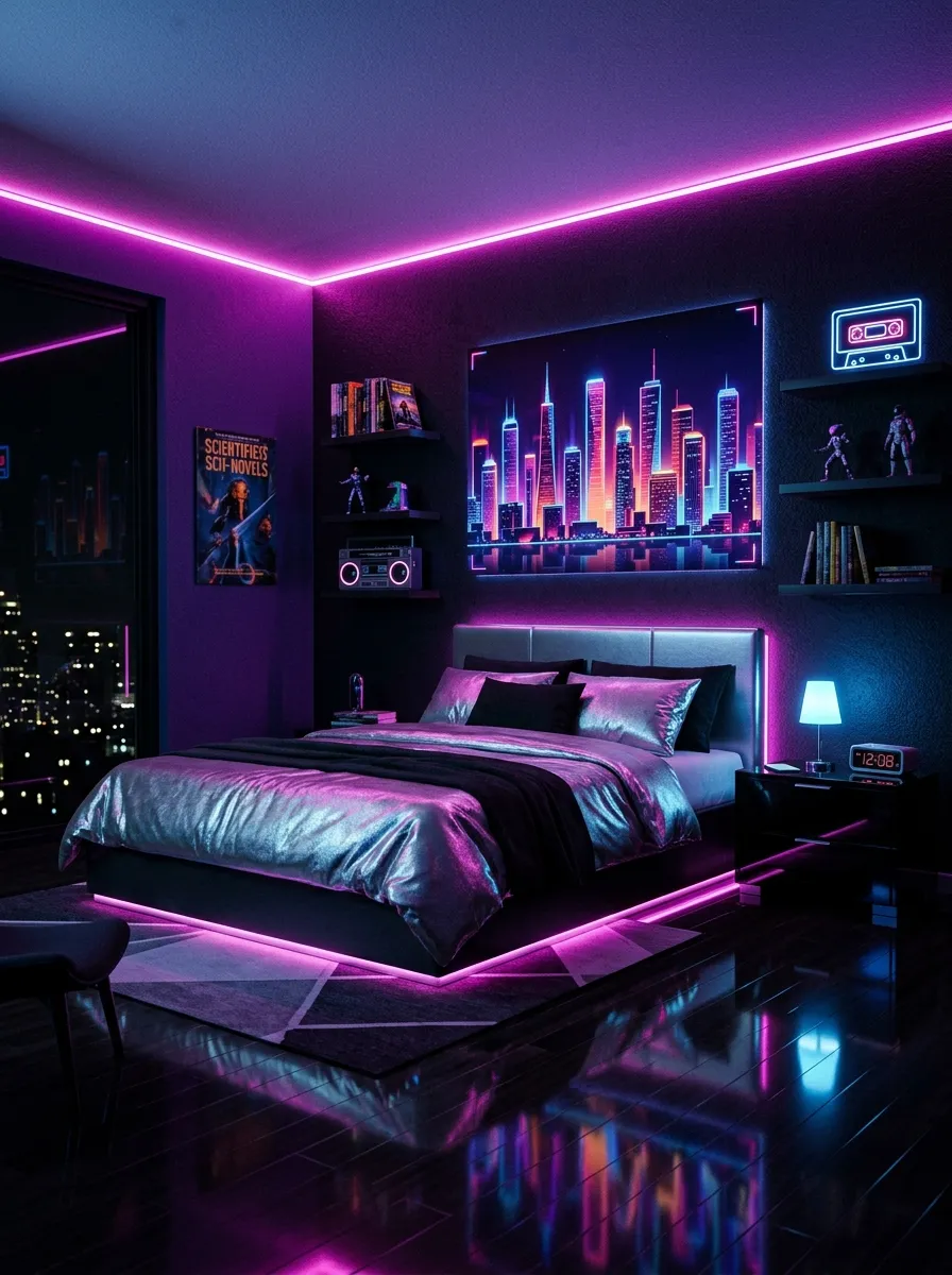 17 80s Bedroom Ideas That Balance Bold Nostalgia, Playful Color, and Modern Design Without Chaos 6 Deep purple neon futurism 80s bedroom with pink and blue LED lighting, silver bedding, and black lacquer nightstand in cinematic atmosphere