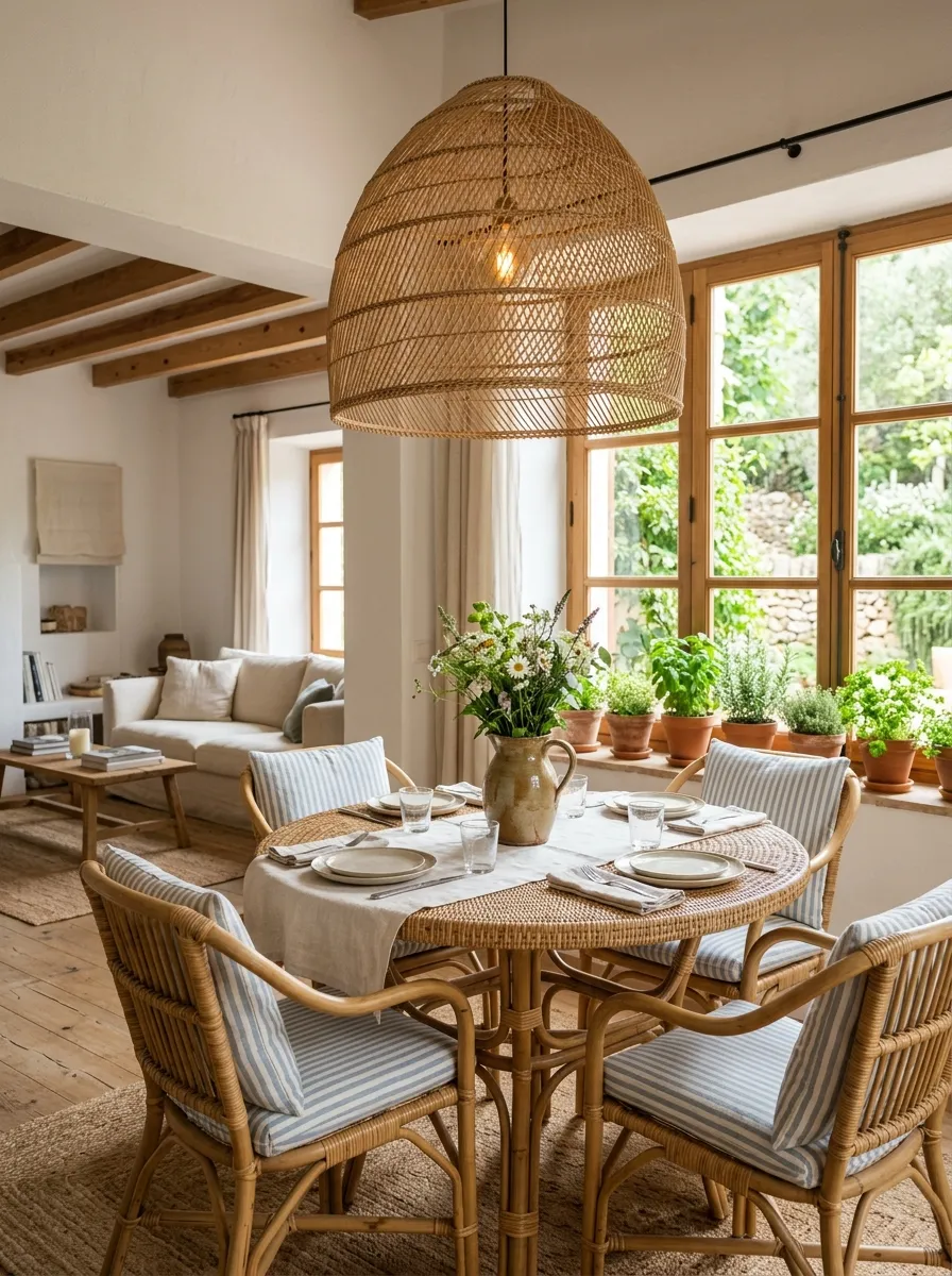 Open plan dining space with large woven pendant light and rattan chairs in a cozy cinematic dining room style