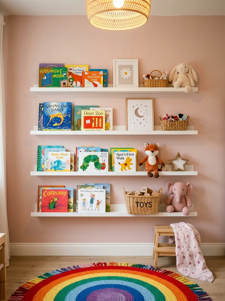 Open white floating shelves with colorful books, framed art, and woven baskets in a toddler girl bedroom with a rainbow rug below