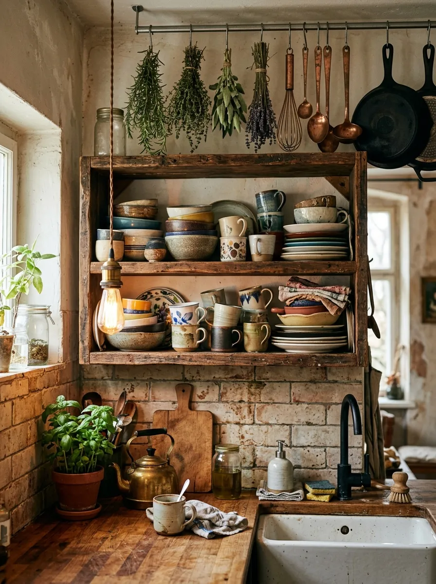 19 Grunge Apartment Ideas That Follow Quiet Design Rules for a Cool, Moody, and Authentic Space 16 Grunge apartment kitchen with open shelving, mismatched ceramics, aged brick tile backsplash, and warm Edison pendant light