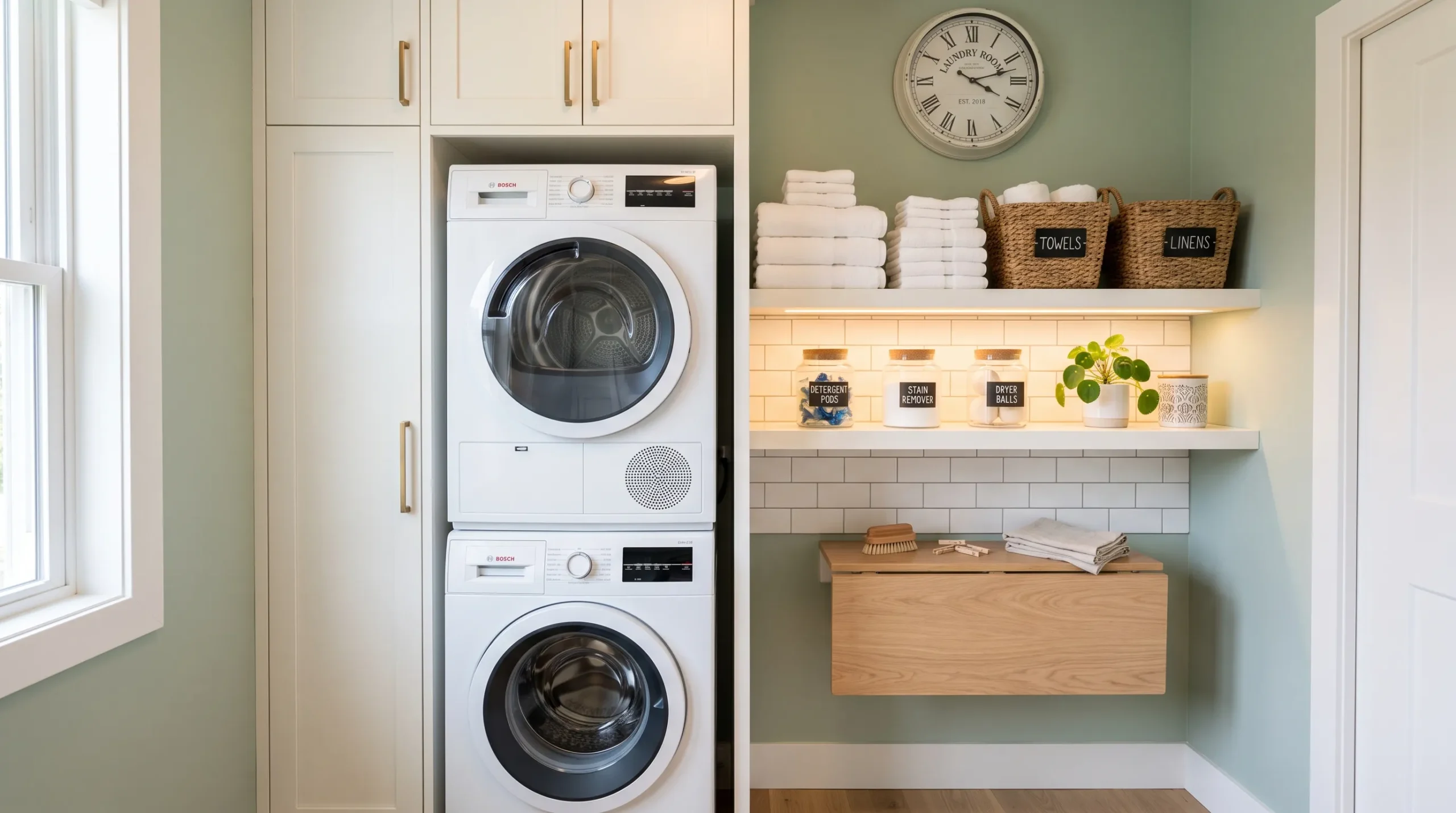 15 Laundry Closet Ideas That Use Thoughtful Design to Solve Everyday Organization and Storage Problems 5 Bright and organized laundry closet with stacked washer and dryer, wood shelves, glass jars, and warm lighting