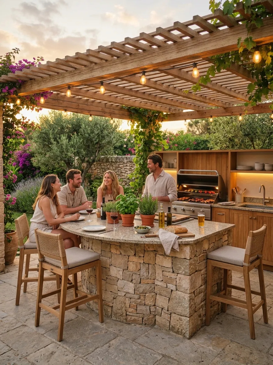 A warm outdoor kitchen with curved stone island, built in grill, cedar pergola, and golden evening lighting in a Mediterranean setting