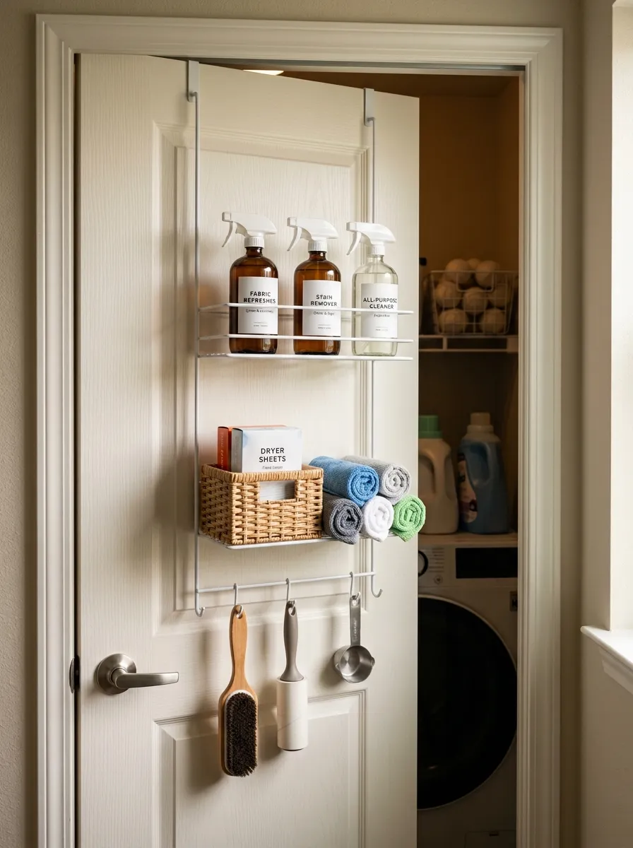 15 Laundry Closet Ideas That Use Thoughtful Design to Solve Everyday Organization and Storage Problems 6 Inside of a laundry closet door fitted with a wire over door organizer holding spray bottles and cleaning supplies