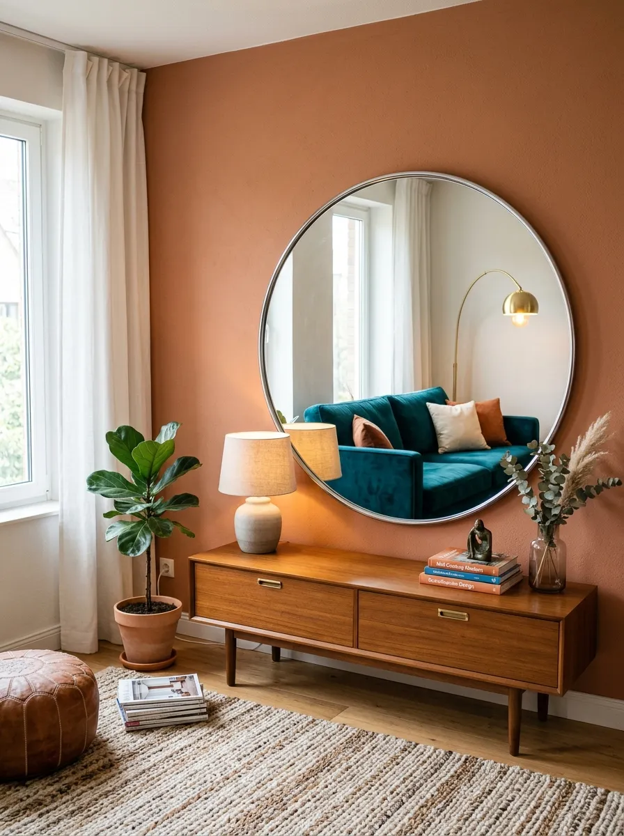 17 Postmodern Chrome Home Decor Ideas Bringing Retro Futuristic Style Back Into Modern Interiors 3 Large round chrome framed mirror above mid century console table reflecting teal sofa in warm terracotta living room