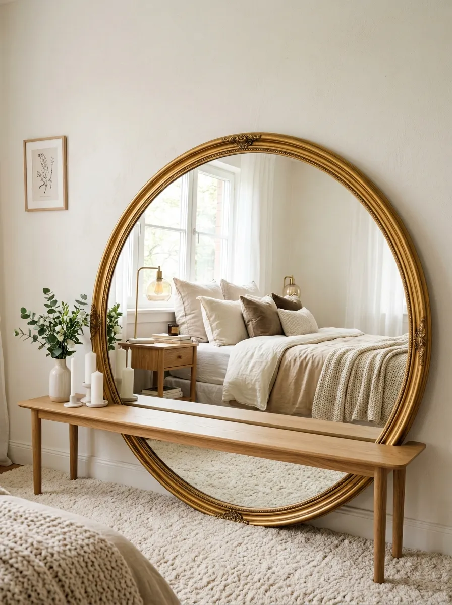 21 Glam Room Ideas That Perfectly Balance Drama, Comfort, Beauty, and Everyday Function 15 Large round gold framed mirror leaning against wall in a glamorous bedroom reflecting layered bedding and warm natural light