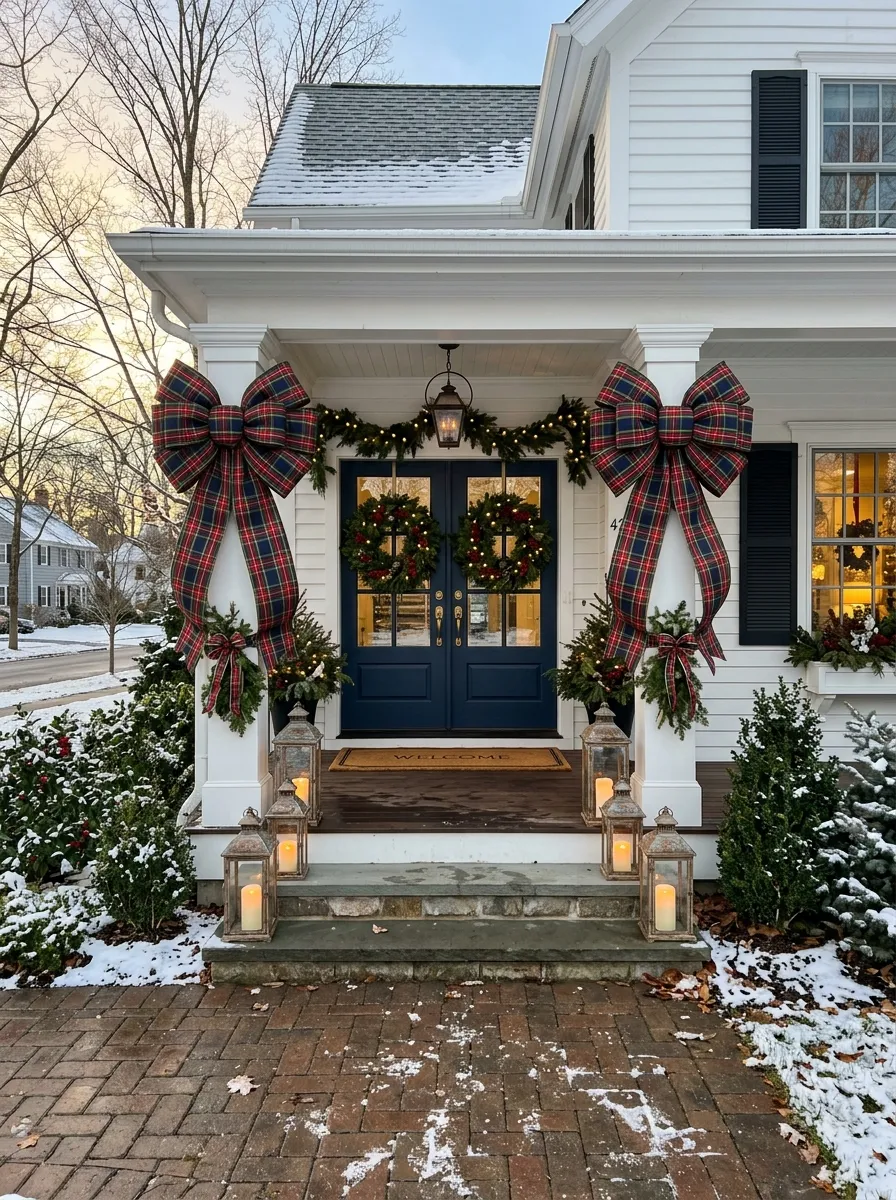 White front porch with two oversized tartan Christmas plaid home styling bows tied around porch columns and twin wreaths on the double doors