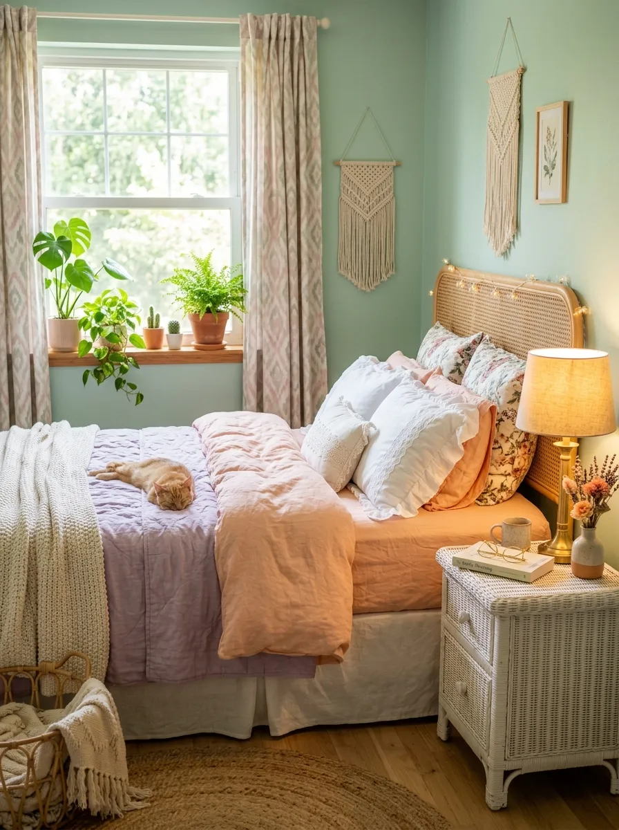 17 80s Bedroom Ideas That Balance Bold Nostalgia, Playful Color, and Modern Design Without Chaos 2 Mint green retro bedroom with ruffled pastel bedding, rattan furniture, and warm golden lamp light in an airy eighties style