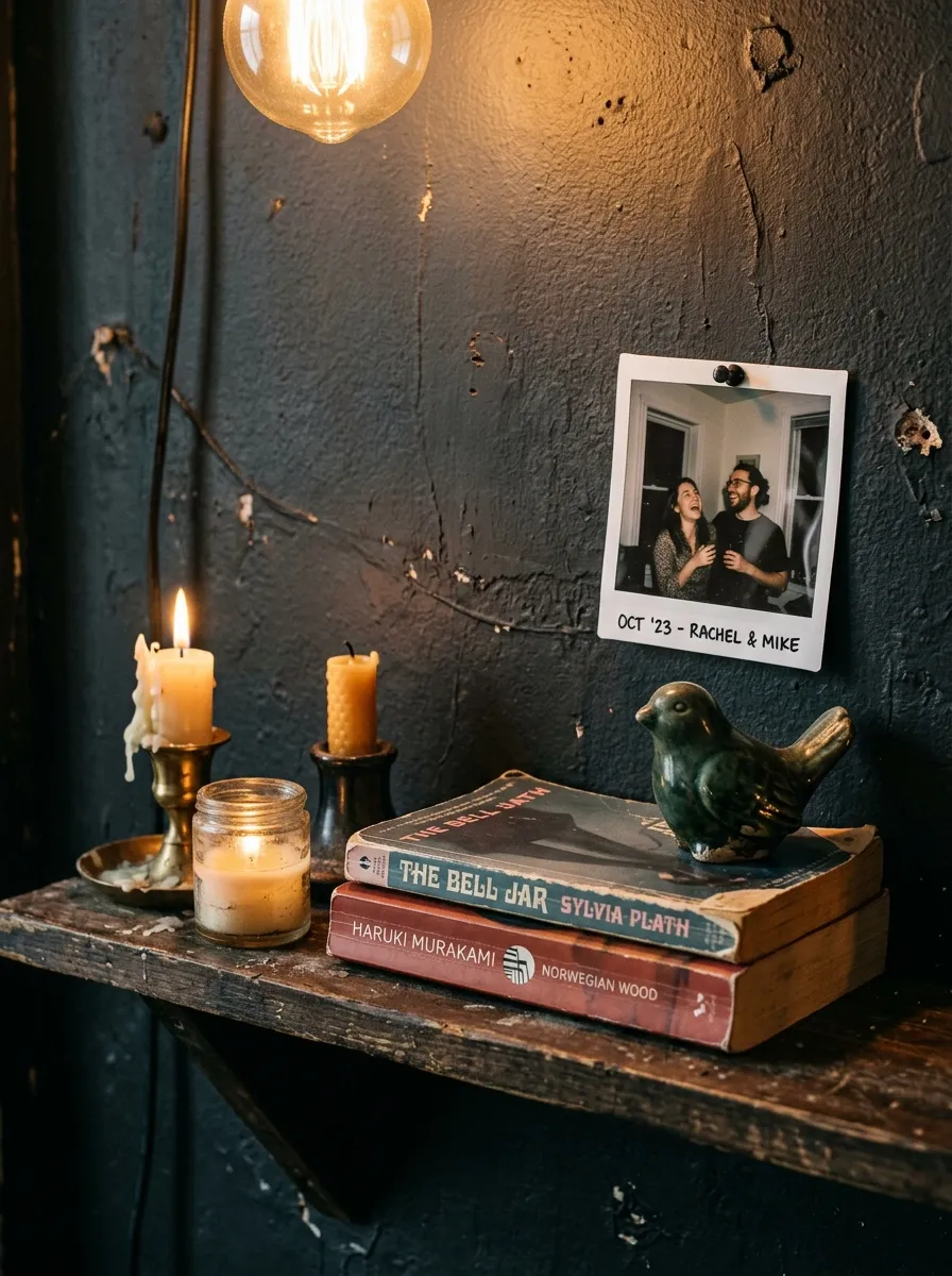 19 Grunge Apartment Ideas That Follow Quiet Design Rules for a Cool, Moody, and Authentic Space 18 Personal shelf in a grunge apartment with mismatched candles stacked books thrifted ceramic and pinned polaroid photo