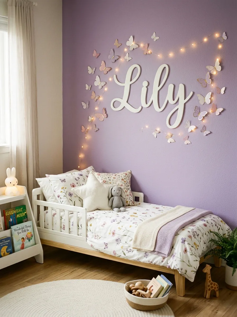 Large white script name letters above a low bed with butterfly decals on a soft purple wall in a personal toddler girl bedroom