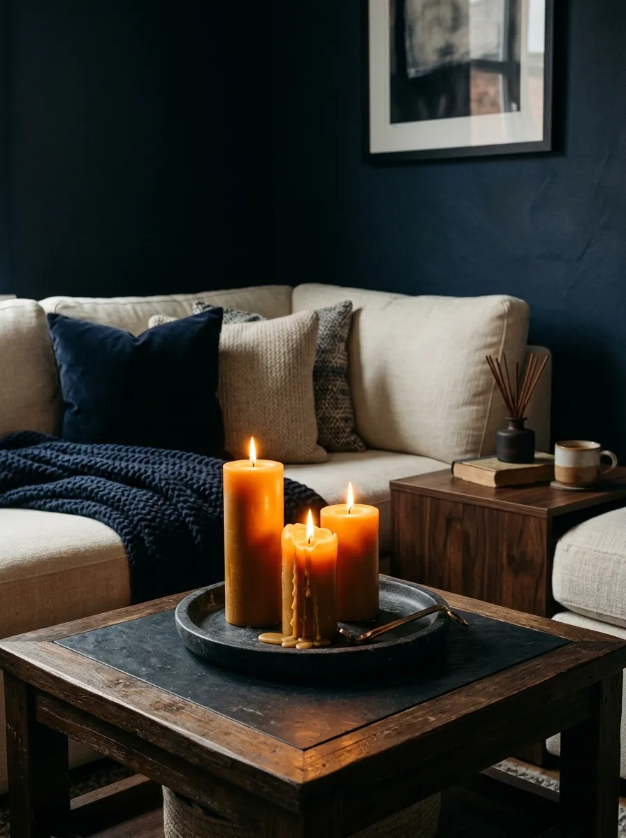 23 Moody Living Room Ideas Using Contrast, Warm Lighting, and Layered Texture for a Cozy Atmosphere 19 Three burning pillar candles and reed diffuser on dark coffee table in a cozy living room atmosphere