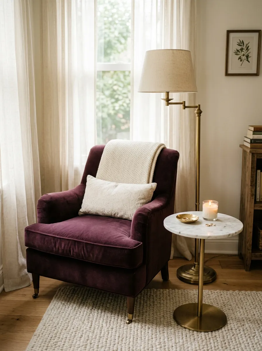 21 Glam Room Ideas That Perfectly Balance Drama, Comfort, Beauty, and Everyday Function 17 Deep plum velvet accent chair with brass floor lamp and marble side table in a glamorous bedroom sitting corner with cream rug