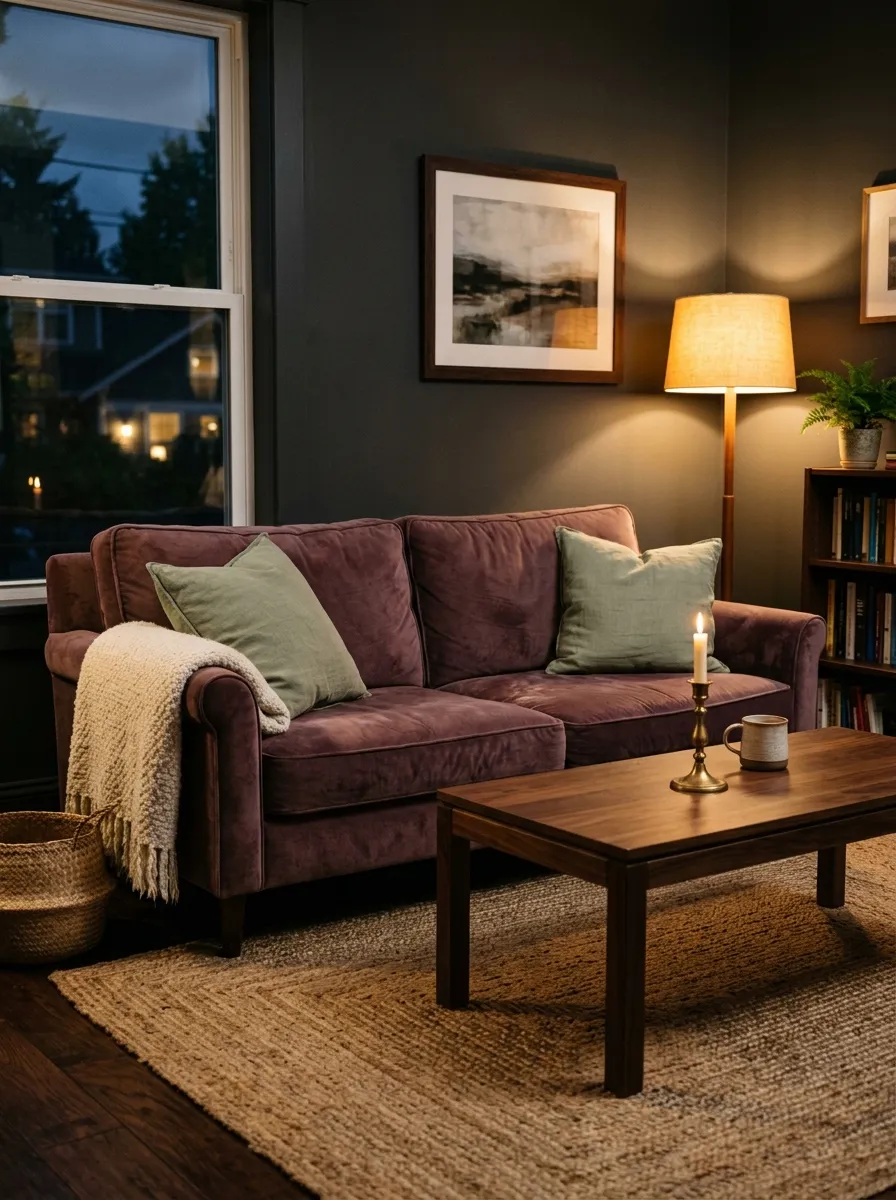 23 Moody Living Room Ideas Using Contrast, Warm Lighting, and Layered Texture for a Cozy Atmosphere 2 Deep dusty plum velvet sofa in a dark living room with warm amber lighting and charcoal walls